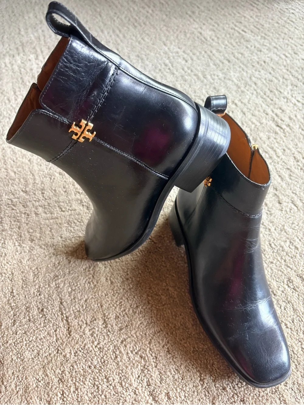 Tory Burch Black Leather Ankle Booties with Gold Logo Stud